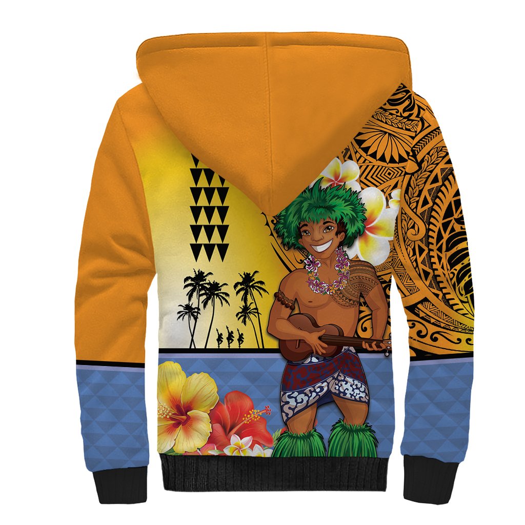 Happy Lei Day Sherpa Hoodie Hula Male Dancer Polynesian Flower Kakau Pattern LT03 - Polynesian Pride