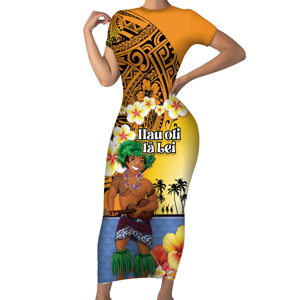 Happy Lei Day Short Sleeve Bodycon Dress Hula Male Dancer Polynesian Flower Kakau Pattern