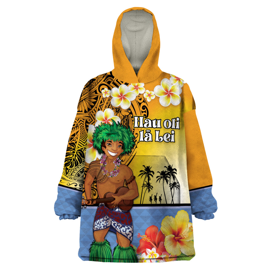 Happy Lei Day Wearable Blanket Hoodie Hula Male Dancer Polynesian Flower Kakau Pattern