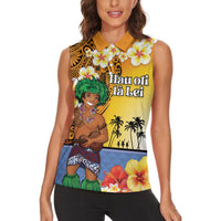 Happy Lei Day Women Sleeveless Polo Shirt Hula Male Dancer Polynesian Flower Kakau Pattern