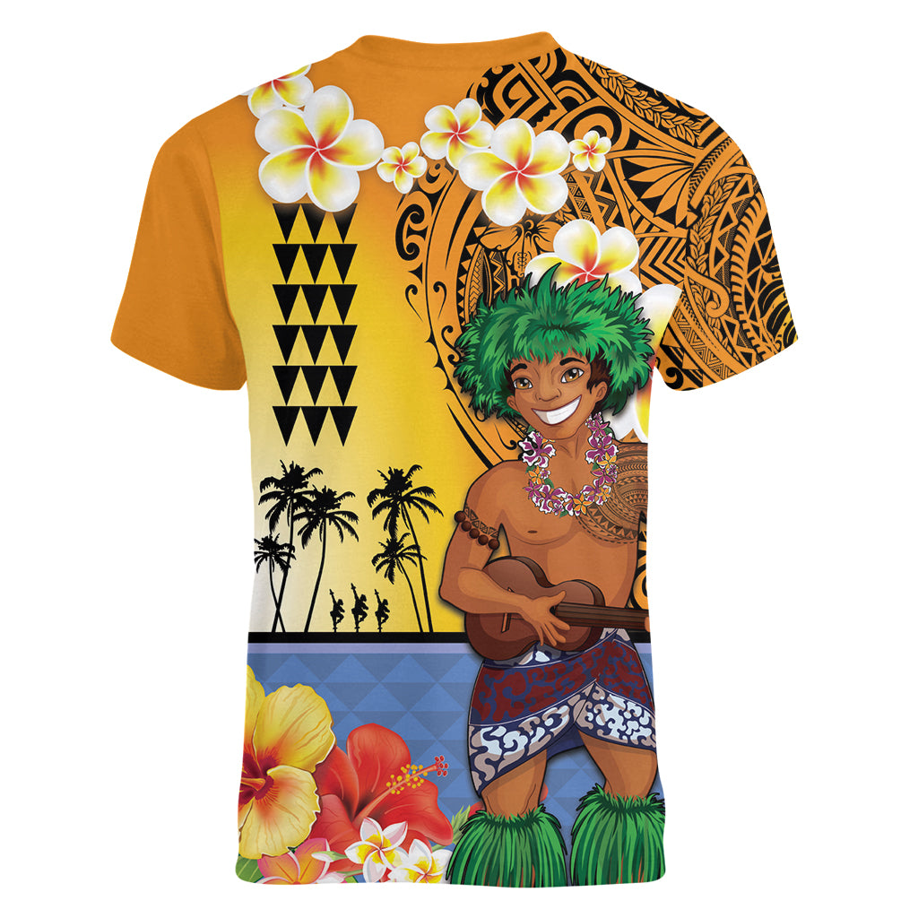 Happy Lei Day Women V-Neck T-Shirt Hula Male Dancer Polynesian Flower Kakau Pattern