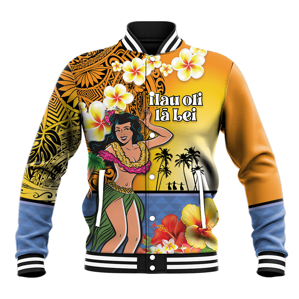 Happy Lei Day Baseball Jacket Hula Girl Polynesian Flower Kakau Pattern LT03 Unisex Yellow - Polynesian Pride