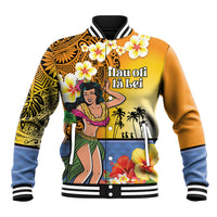Happy Lei Day Baseball Jacket Hula Girl Polynesian Flower Kakau Pattern LT03 Unisex Yellow - Polynesian Pride