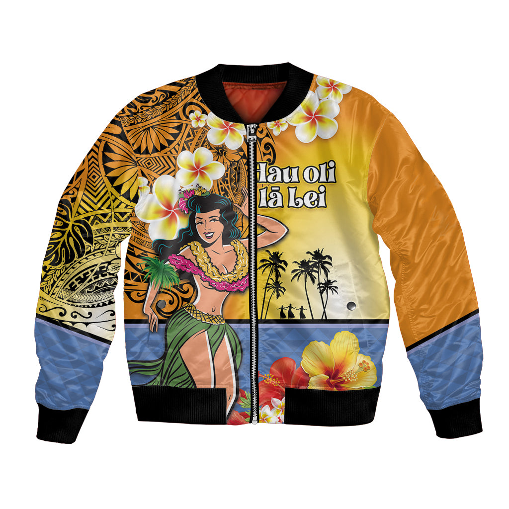Happy Lei Day Bomber Jacket Hula Girl Polynesian Flower Kakau Pattern LT03 Unisex Yellow - Polynesian Pride