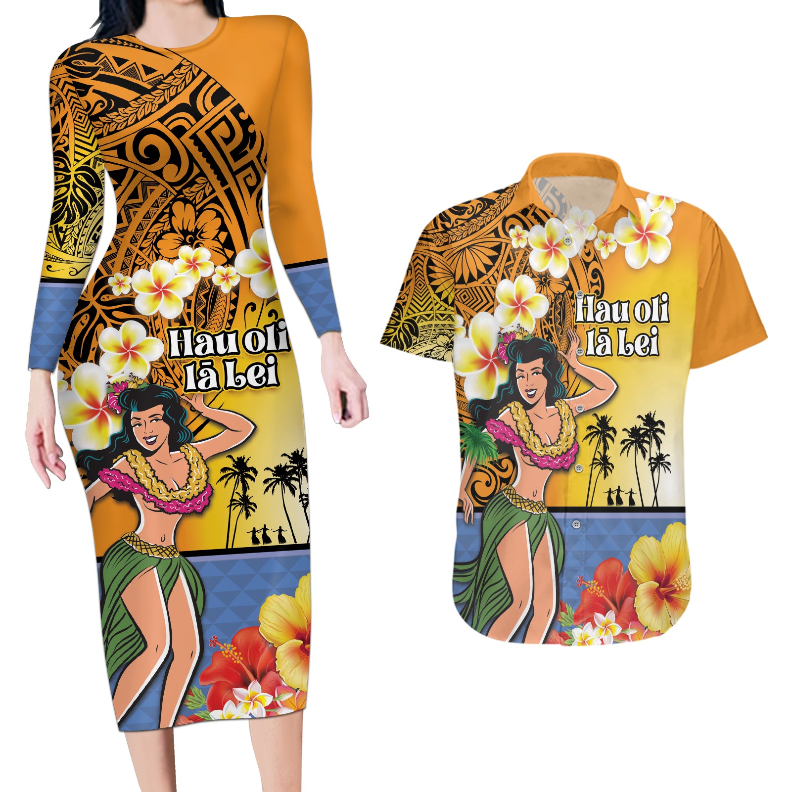 Happy Lei Day Couples Matching Long Sleeve Bodycon Dress and Hawaiian Shirt Hula Girl Polynesian Flower Kakau Pattern