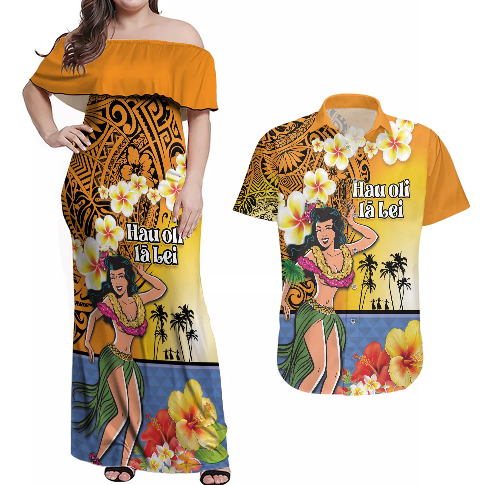 Happy Lei Day Couples Matching Off Shoulder Maxi Dress and Hawaiian Shirt Hula Girl Polynesian Flower Kakau Pattern