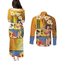 Happy Lei Day Couples Matching Puletasi and Long Sleeve Button Shirt Hula Girl Polynesian Flower Kakau Pattern LT03 - Polynesian Pride