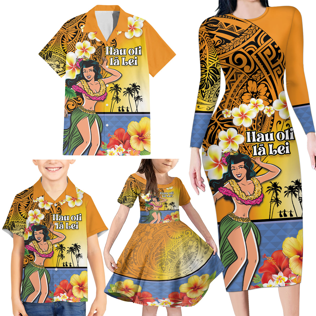 Happy Lei Day Family Matching Long Sleeve Bodycon Dress and Hawaiian Shirt Hula Girl Polynesian Flower Kakau Pattern