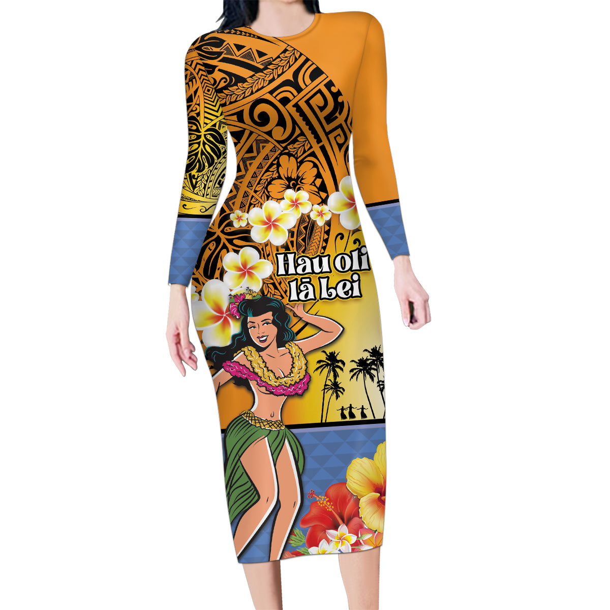 Happy Lei Day Family Matching Long Sleeve Bodycon Dress and Hawaiian Shirt Hula Girl Polynesian Flower Kakau Pattern