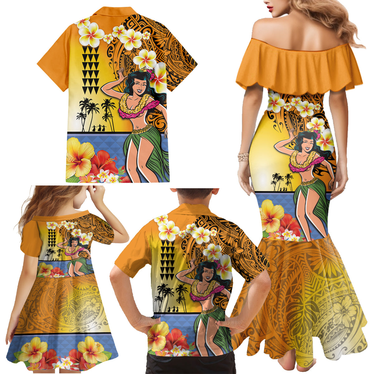 Happy Lei Day Family Matching Mermaid Dress and Hawaiian Shirt Hula Girl Polynesian Flower Kakau Pattern