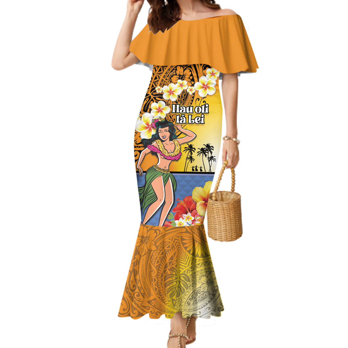 Happy Lei Day Family Matching Mermaid Dress and Hawaiian Shirt Hula Girl Polynesian Flower Kakau Pattern