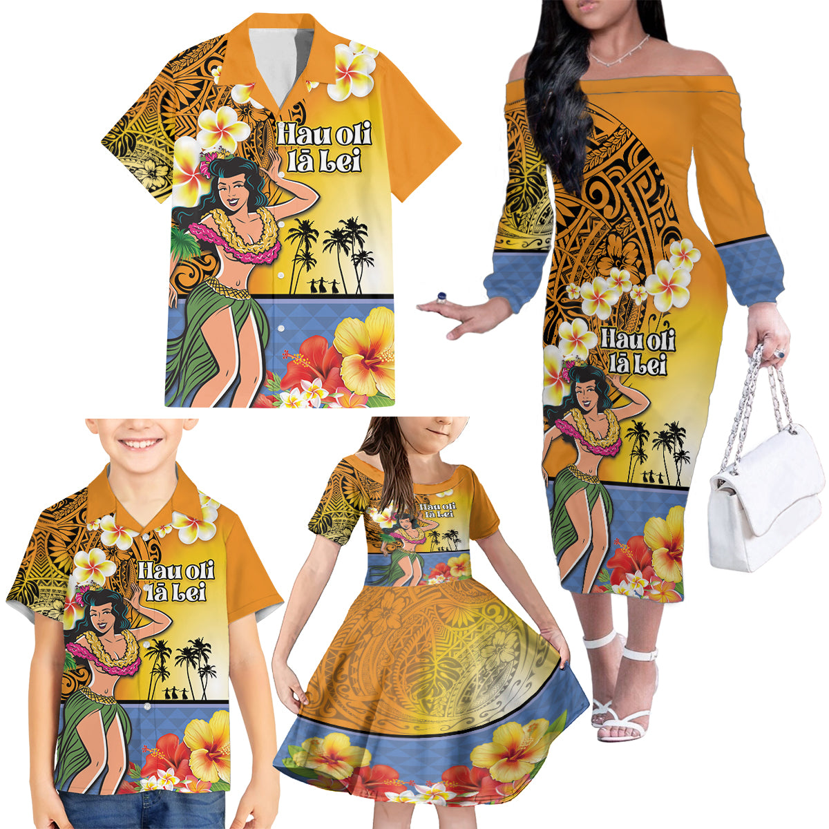 Happy Lei Day Family Matching Off The Shoulder Long Sleeve Dress and Hawaiian Shirt Hula Girl Polynesian Flower Kakau Pattern