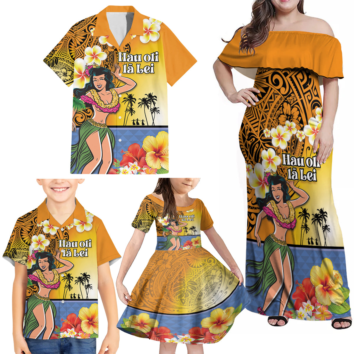 Happy Lei Day Family Matching Off Shoulder Maxi Dress and Hawaiian Shirt Hula Girl Polynesian Flower Kakau Pattern