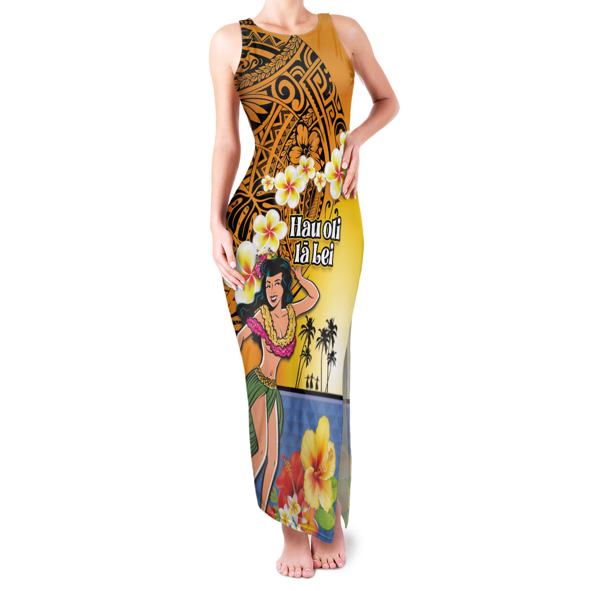 Happy Lei Day Family Matching Tank Maxi Dress and Hawaiian Shirt Hula Girl Polynesian Flower Kakau Pattern