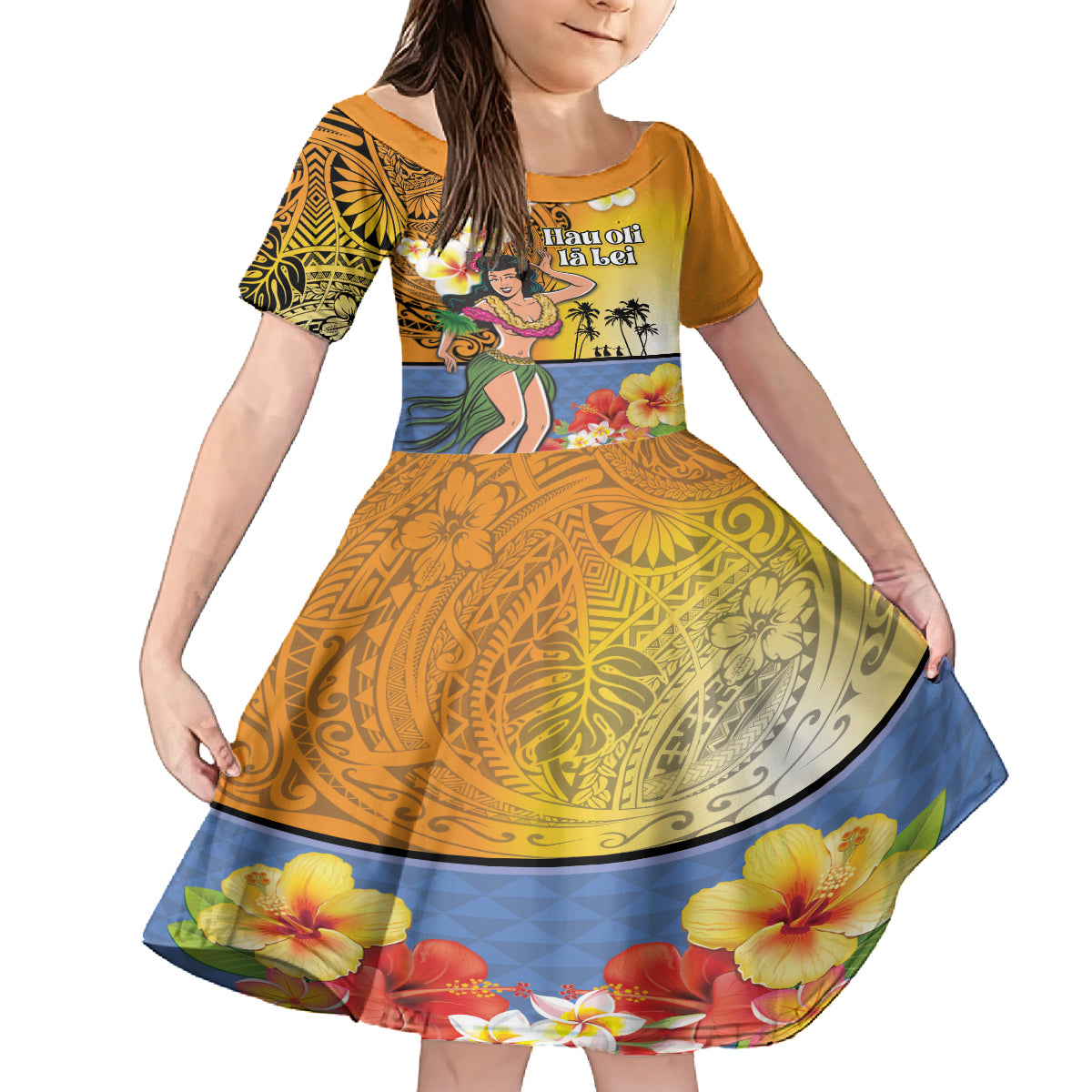 Happy Lei Day Kid Short Sleeve Dress Hula Girl Polynesian Flower Kakau Pattern LT03 KID Yellow - Polynesian Pride