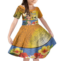 Happy Lei Day Kid Short Sleeve Dress Hula Girl Polynesian Flower Kakau Pattern LT03 KID Yellow - Polynesian Pride