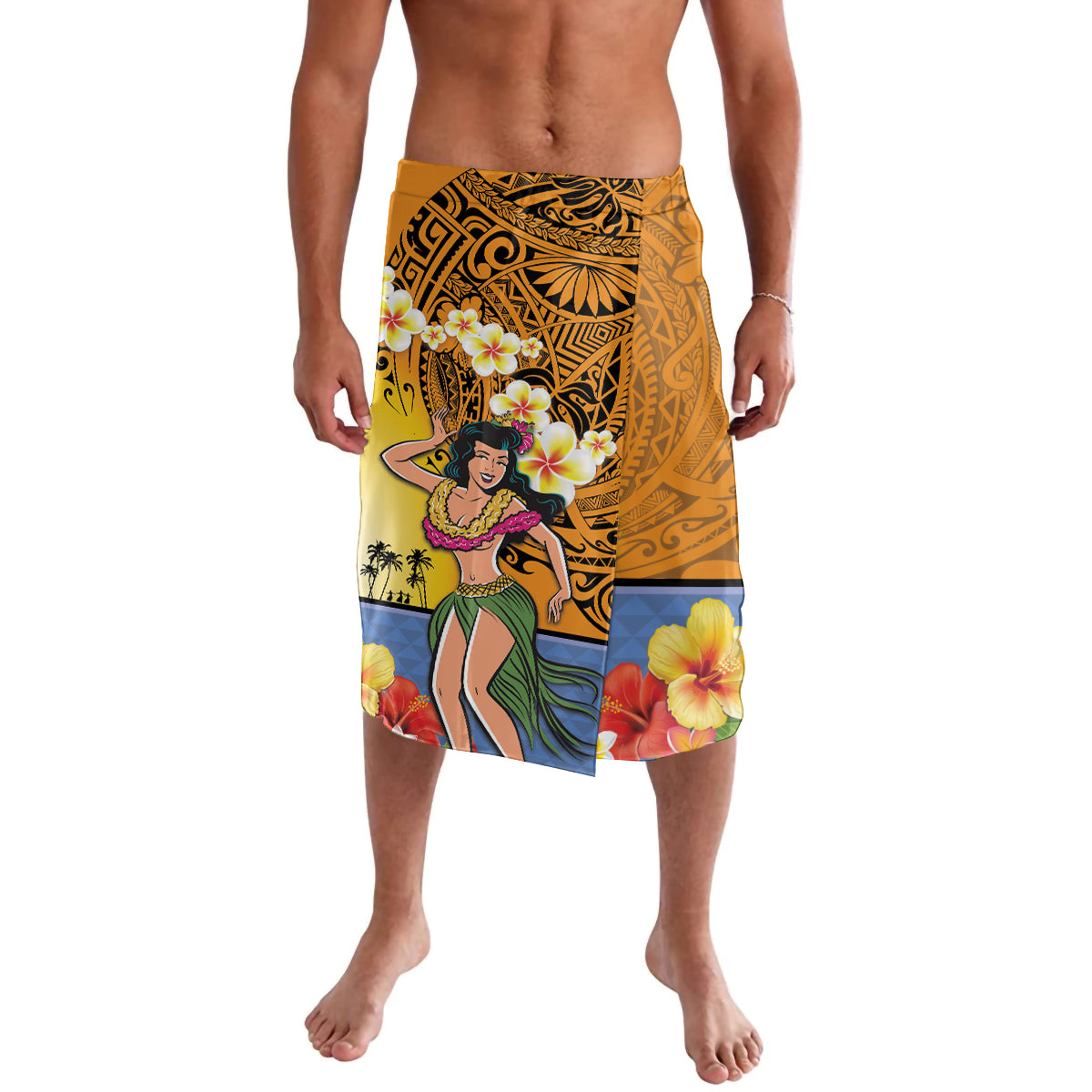 Happy Lei Day Lavalava Hula Girl Polynesian Flower Kakau Pattern LT03 Yellow - Polynesian Pride
