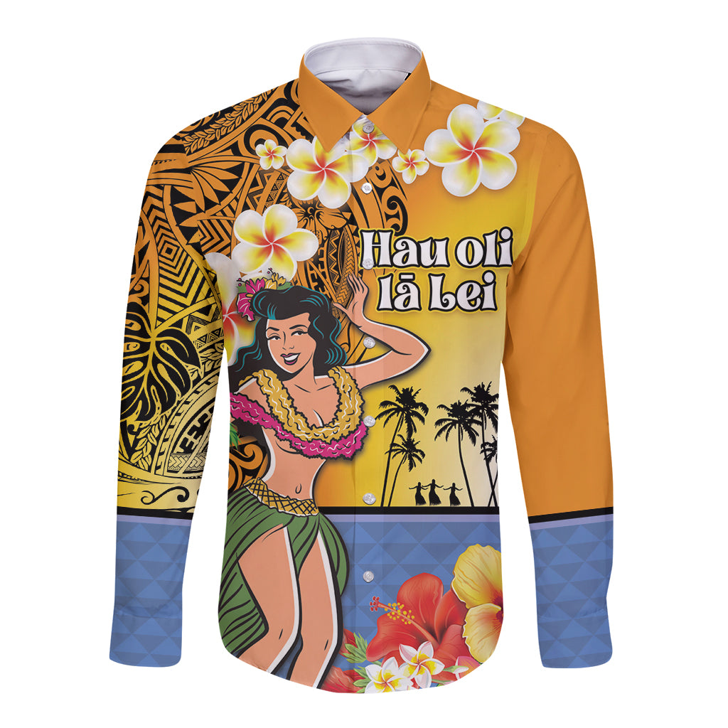 Happy Lei Day Long Sleeve Button Shirt Hula Girl Polynesian Flower Kakau Pattern