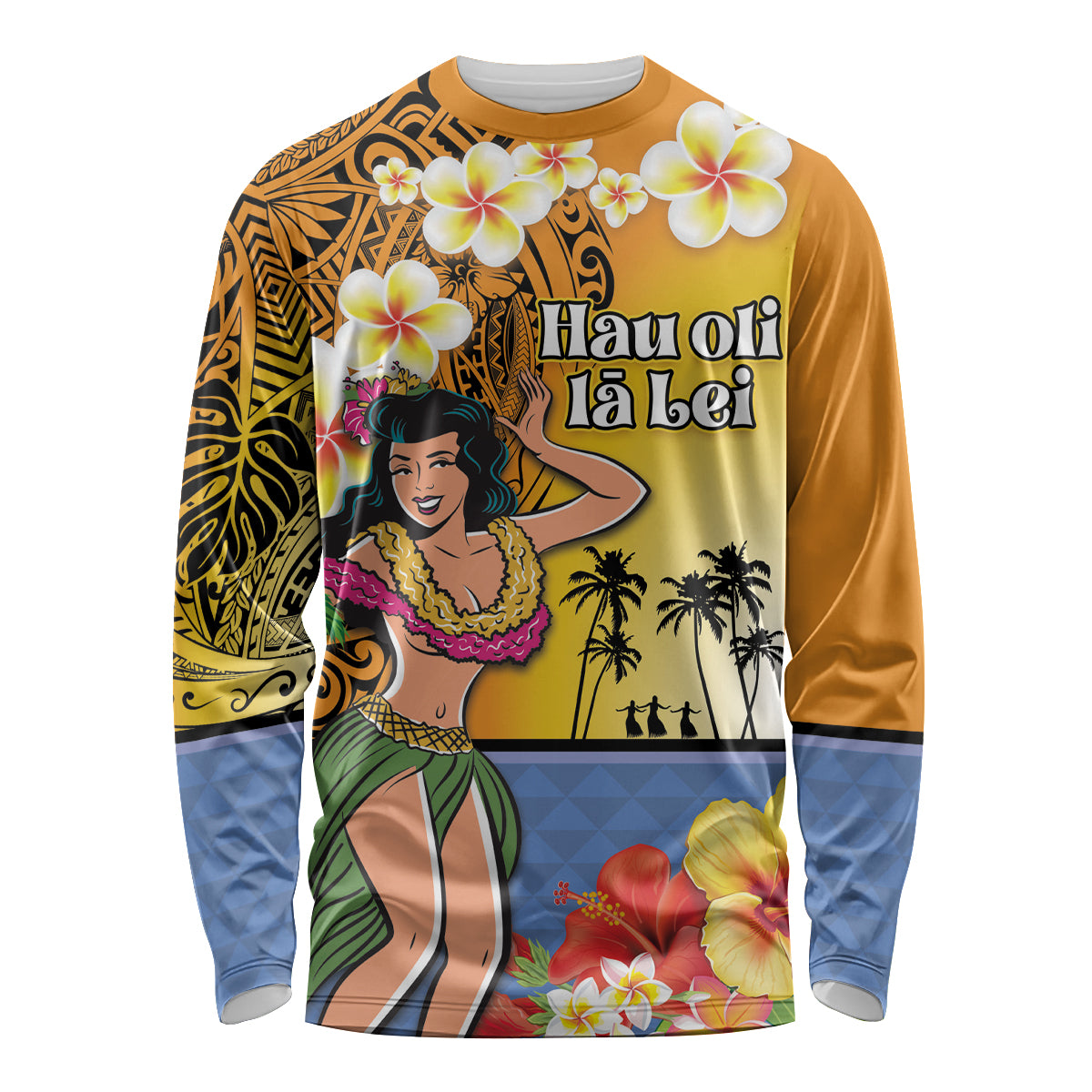 Happy Lei Day Long Sleeve Shirt Hula Girl Polynesian Flower Kakau Pattern