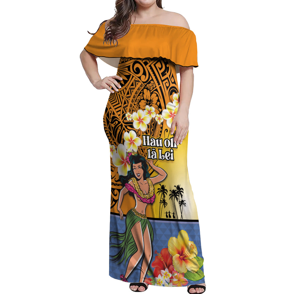 Happy Lei Day Off Shoulder Maxi Dress Hula Girl Polynesian Flower Kakau Pattern