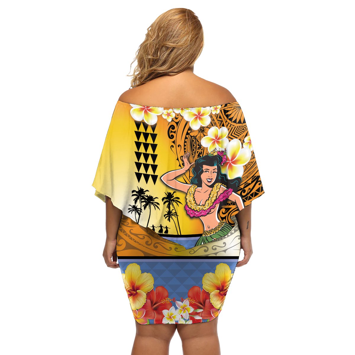 Happy Lei Day Off Shoulder Short Dress Hula Girl Polynesian Flower Kakau Pattern LT03 - Polynesian Pride
