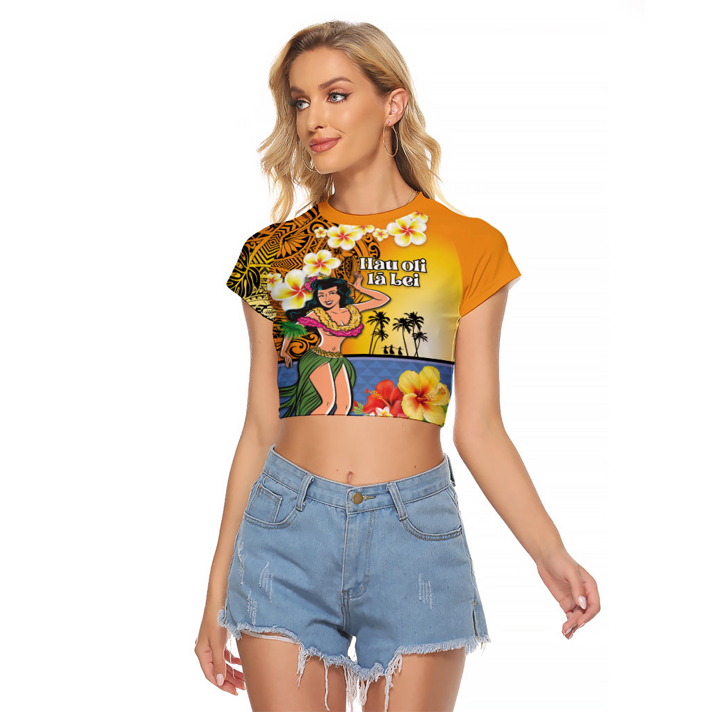 Happy Lei Day Raglan Cropped T Shirt Hula Girl Polynesian Flower Kakau Pattern