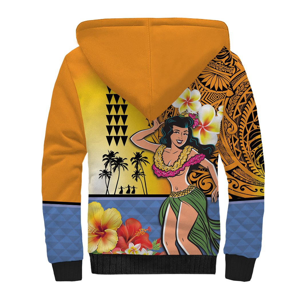 Happy Lei Day Sherpa Hoodie Hula Girl Polynesian Flower Kakau Pattern LT03 - Polynesian Pride