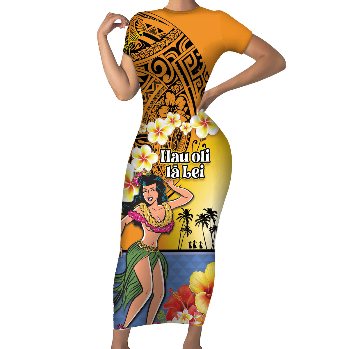 Happy Lei Day Short Sleeve Bodycon Dress Hula Girl Polynesian Flower Kakau Pattern
