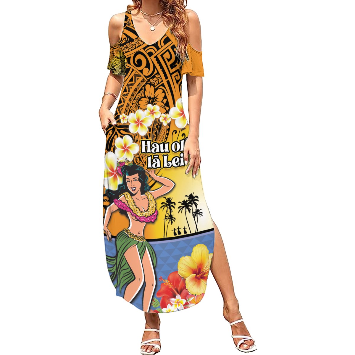 Happy Lei Day Summer Maxi Dress Hula Girl Polynesian Flower Kakau Pattern LT03 Women Yellow - Polynesian Pride