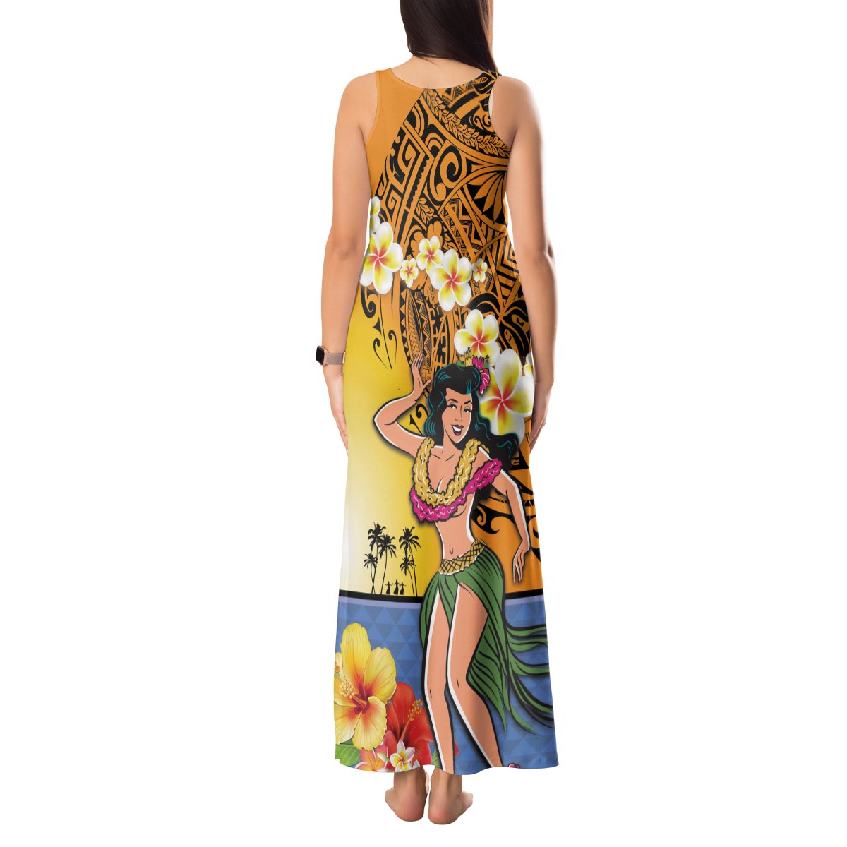 Happy Lei Day Tank Maxi Dress Hula Girl Polynesian Flower Kakau Pattern LT03 - Polynesian Pride