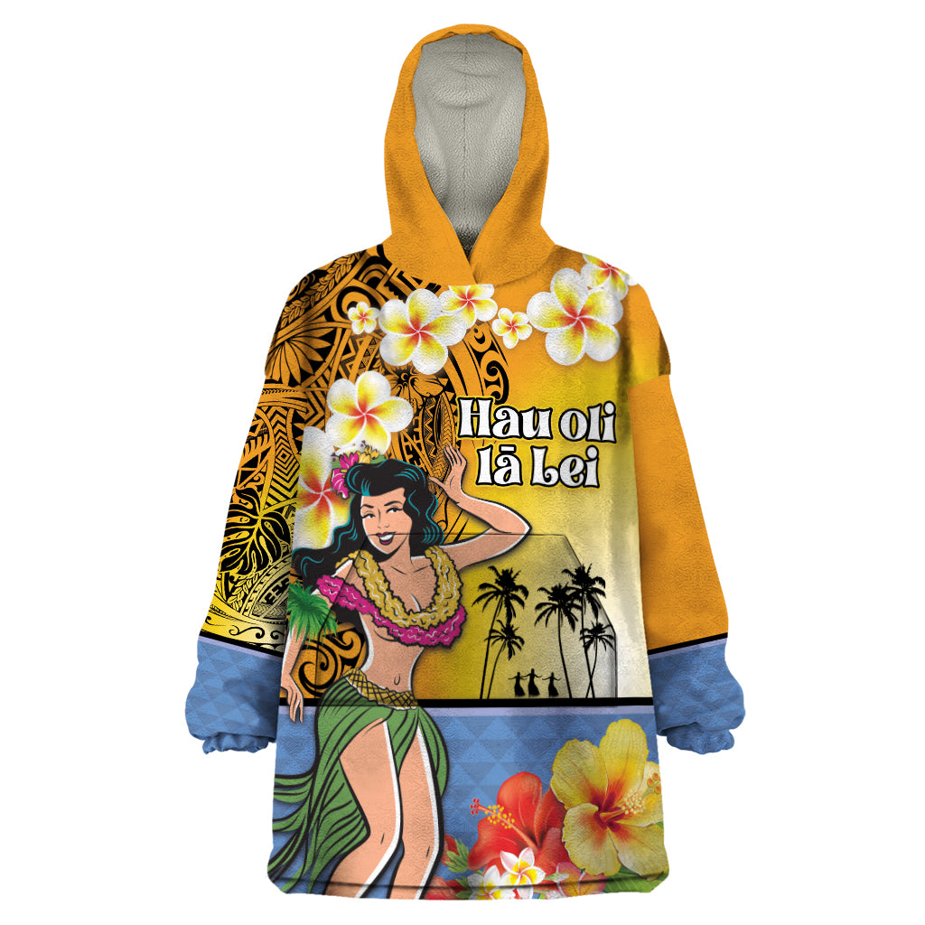 Happy Lei Day Wearable Blanket Hoodie Hula Girl Polynesian Flower Kakau Pattern