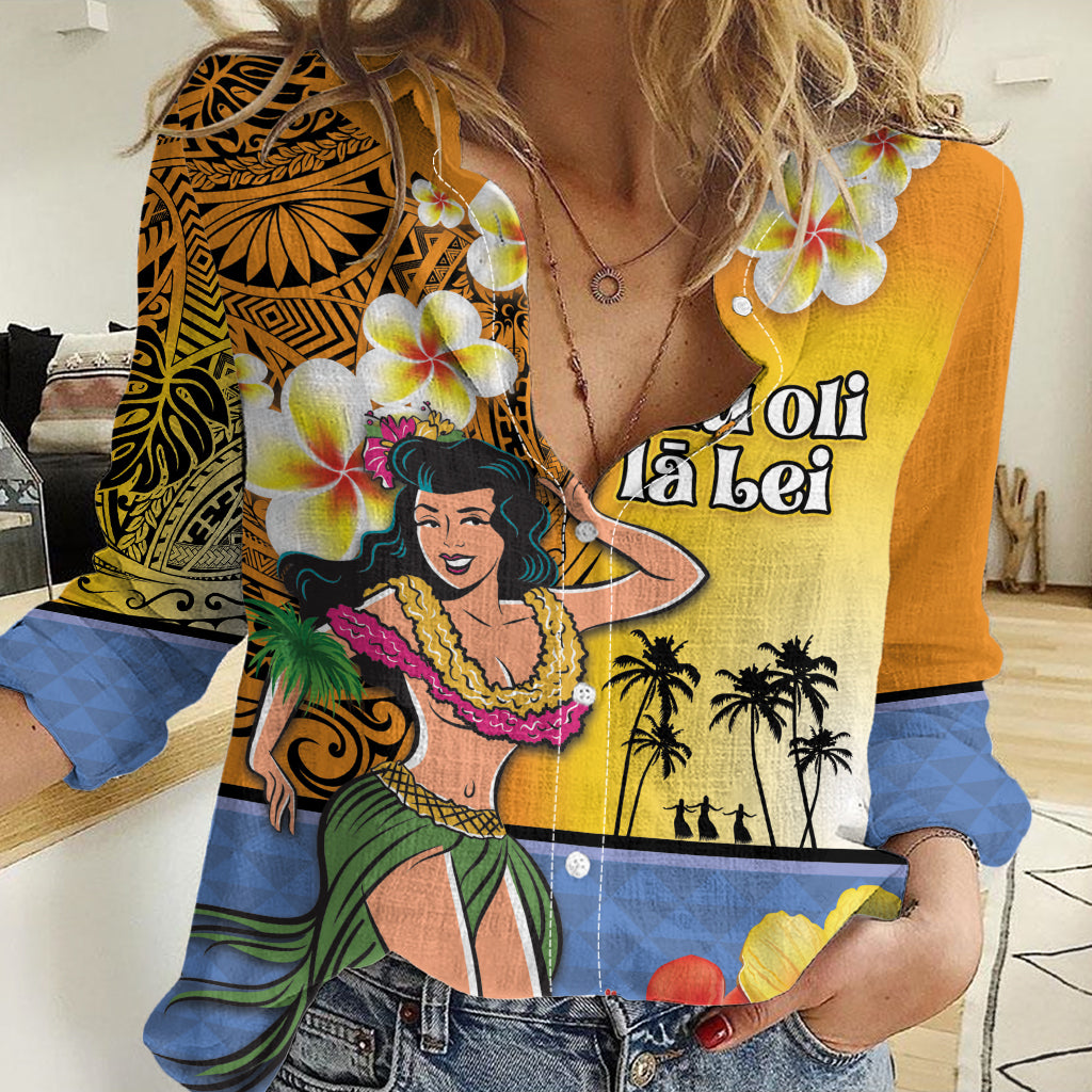 Happy Lei Day Women Casual Shirt Hula Girl Polynesian Flower Kakau Pattern