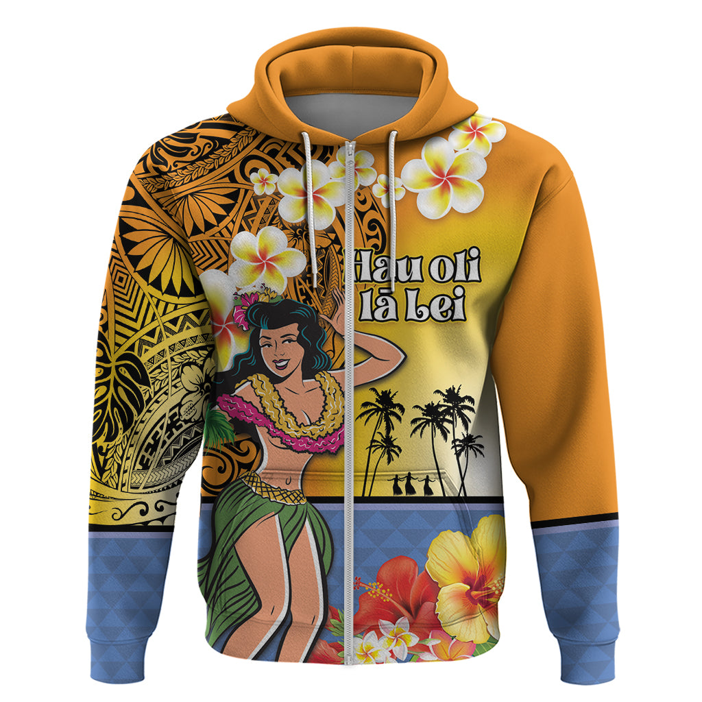 Happy Lei Day Zip Hoodie Hula Girl Polynesian Flower Kakau Pattern