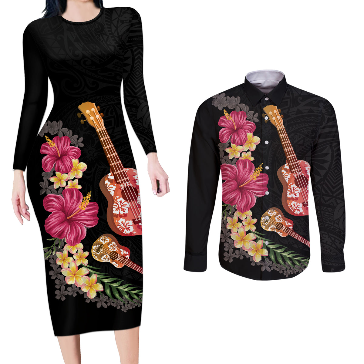 Ukulele mix Polynesian Flower Couples Matching Long Sleeve Bodycon Dress and Long Sleeve Button Shirt Hawaiian Tribal Pattern