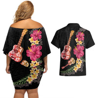 Ukulele mix Polynesian Flower Couples Matching Off Shoulder Short Dress and Hawaiian Shirt Hawaiian Tribal Pattern