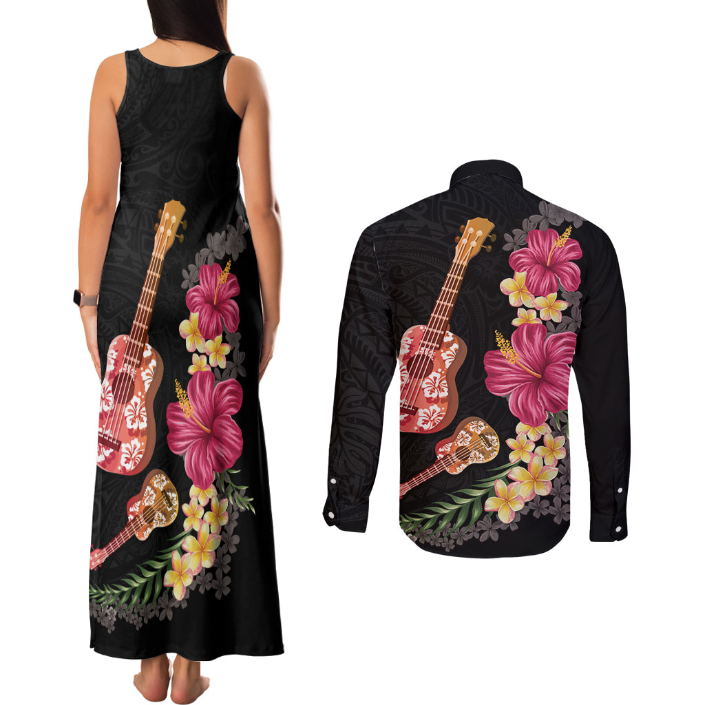 Ukulele mix Polynesian Flower Couples Matching Tank Maxi Dress and Long Sleeve Button Shirt Hawaiian Tribal Pattern
