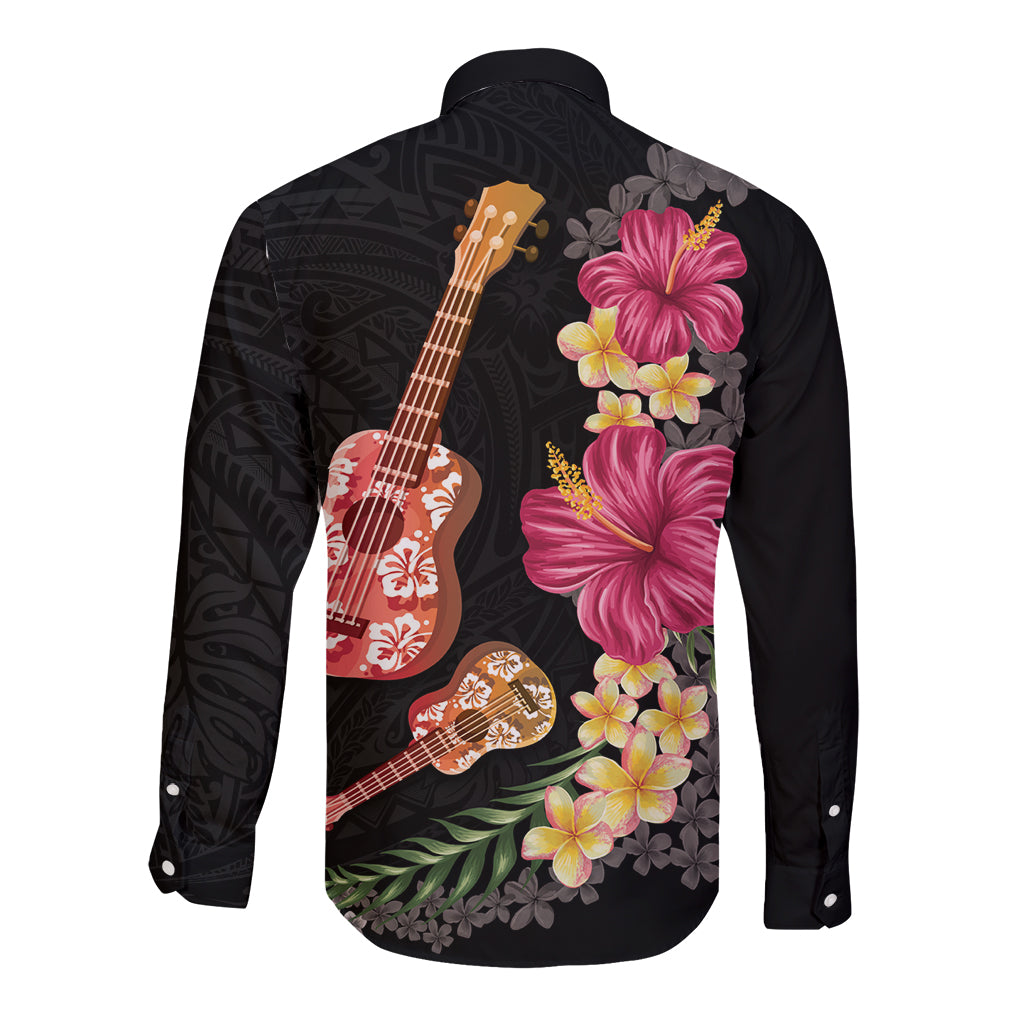 Ukulele mix Polynesian Flower Long Sleeve Button Shirt Hawaiian Tribal Pattern