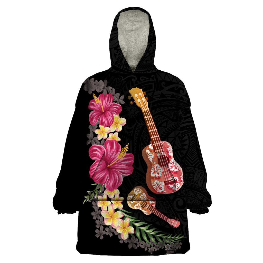 Ukulele mix Polynesian Flower Wearable Blanket Hoodie Hawaiian Tribal Pattern