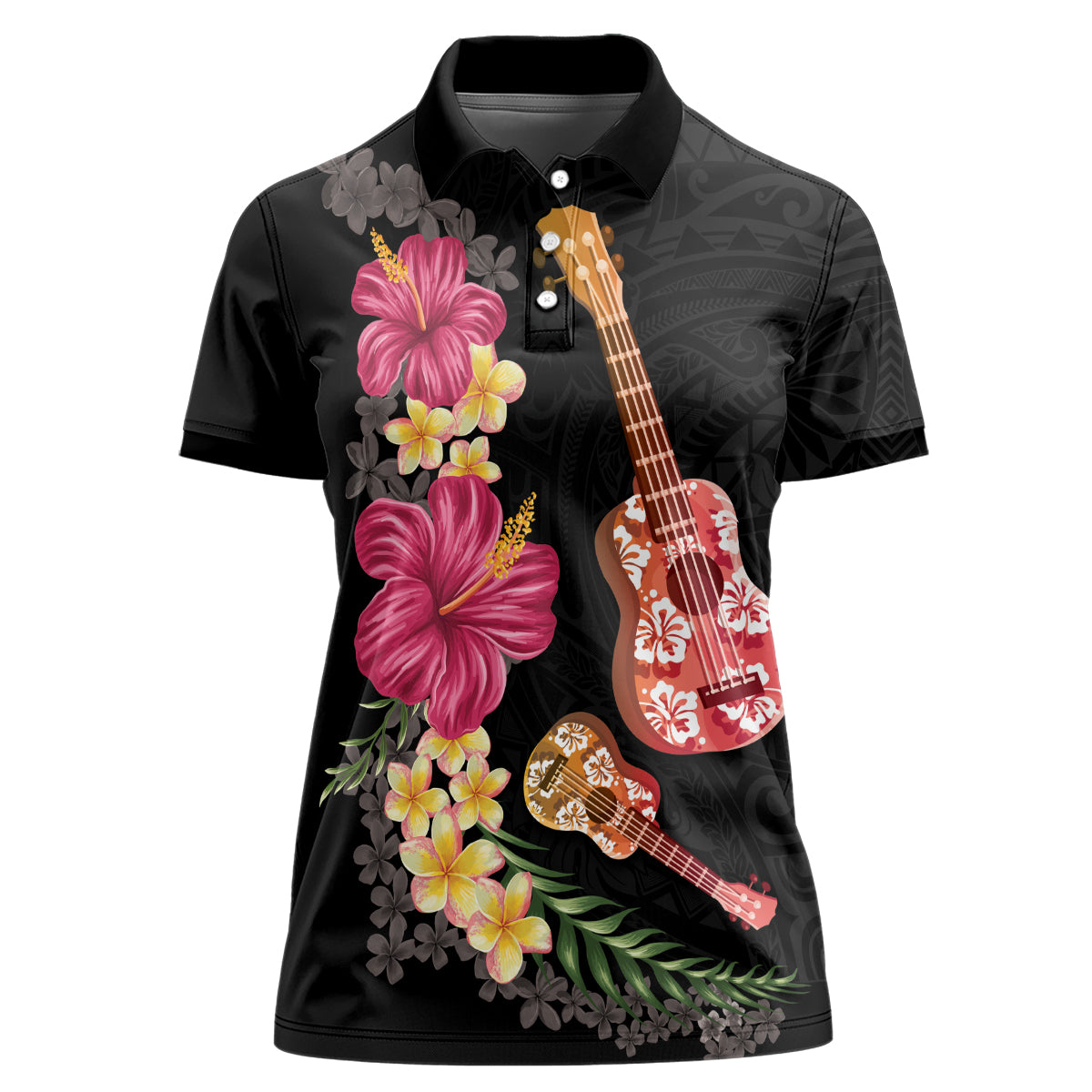 Ukulele mix Polynesian Flower Women Polo Shirt Hawaiian Tribal Pattern