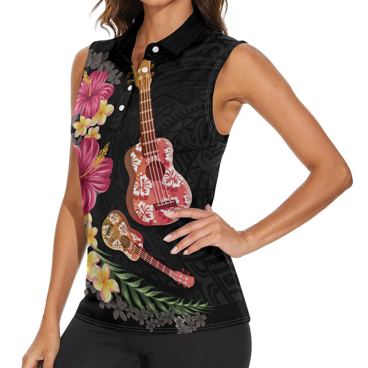 Ukulele mix Polynesian Flower Women Sleeveless Polo Shirt Hawaiian Tribal Pattern