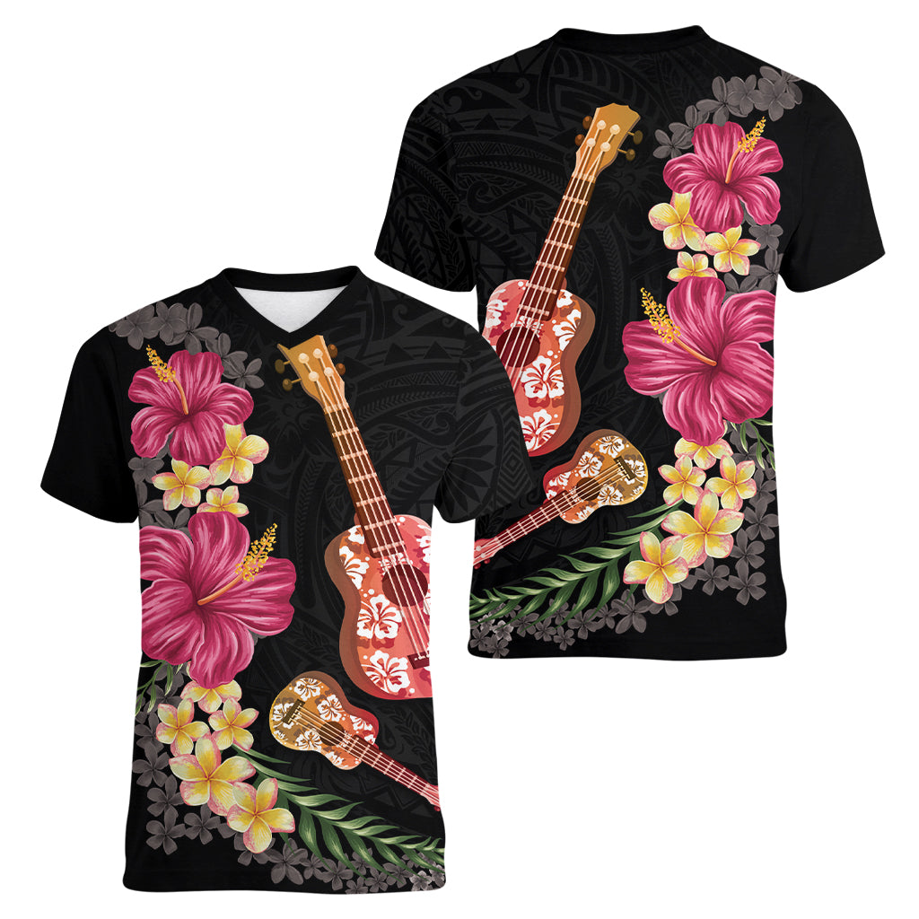 Ukulele mix Polynesian Flower Women V-Neck T-Shirt Hawaiian Tribal Pattern