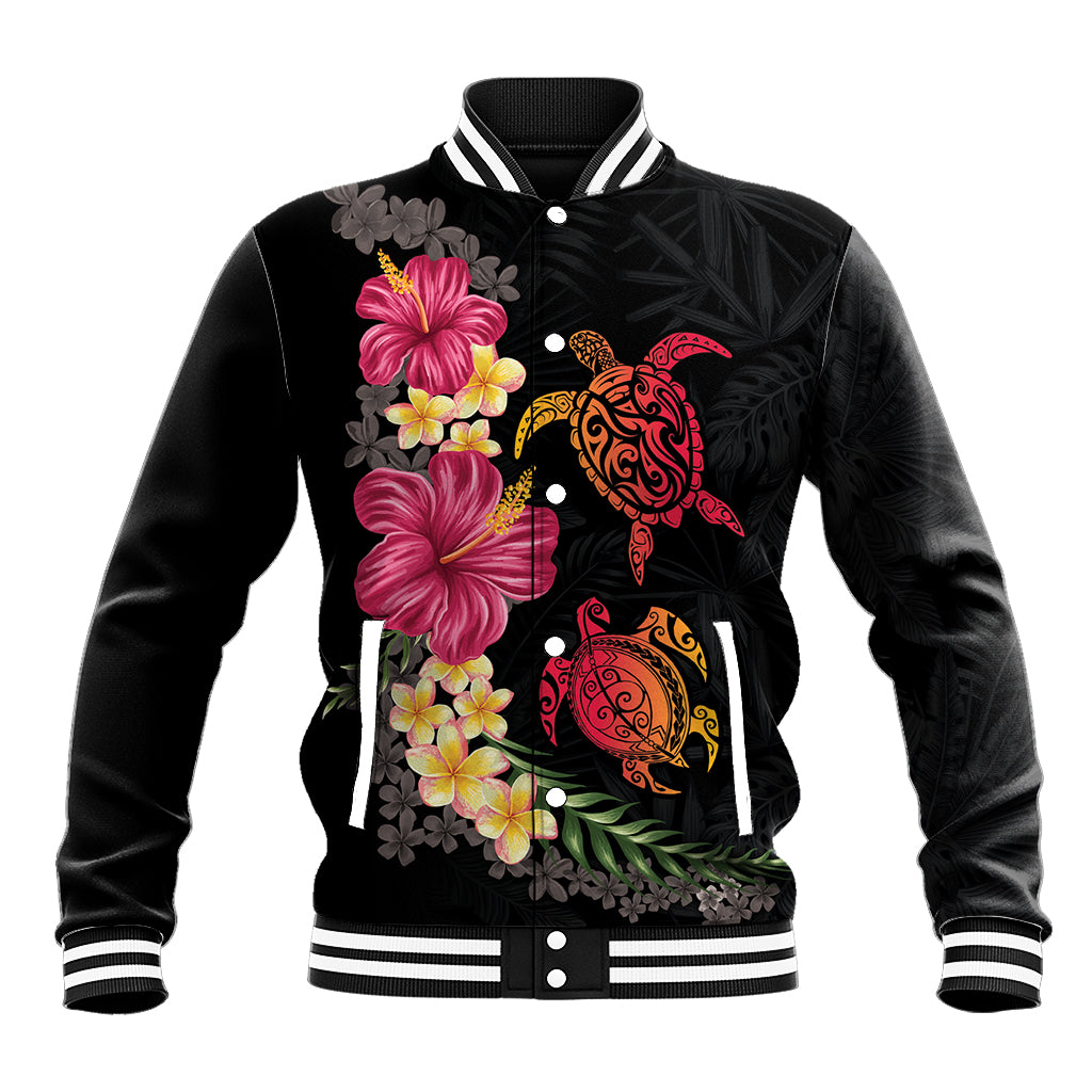 Hawaiian Flower and Tribal Turtle Baseball Jacket Colorful Style LT03 Unisex Black - Polynesian Pride
