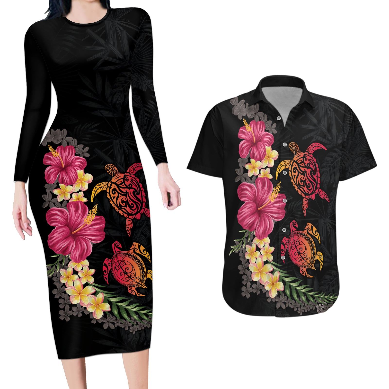Hawaiian Flower and Tribal Turtle Couples Matching Long Sleeve Bodycon Dress and Hawaiian Shirt Colorful Style LT03 Black - Polynesian Pride