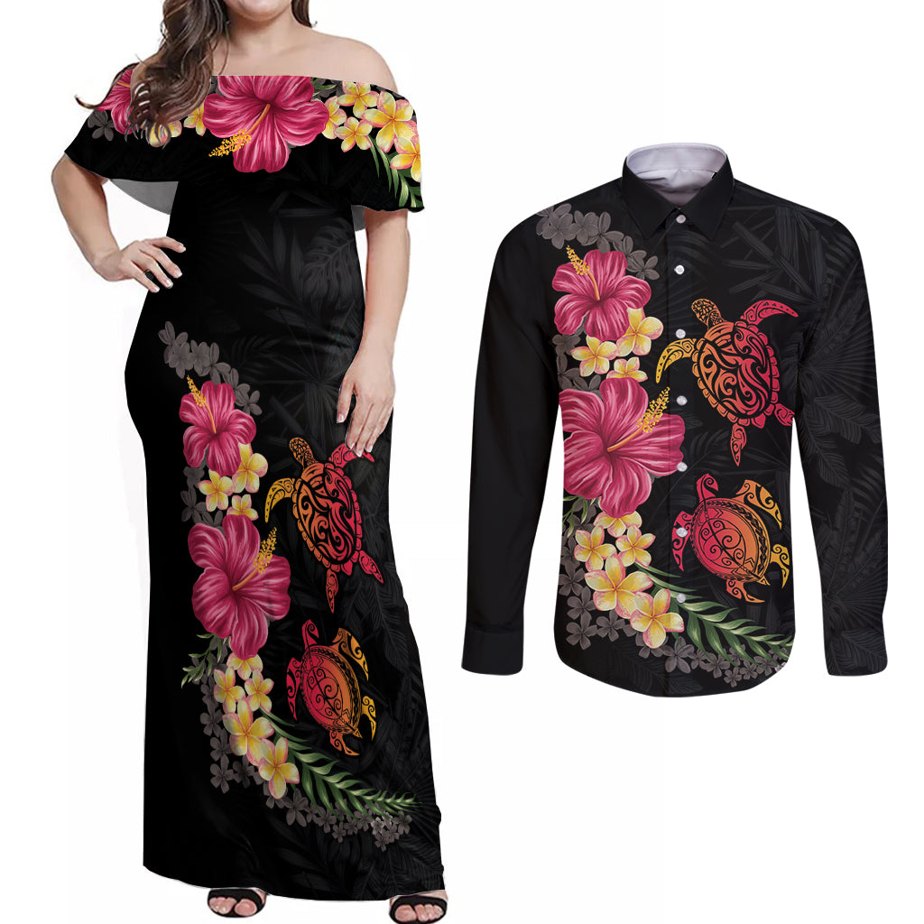 Hawaiian Flower and Tribal Turtle Couples Matching Off Shoulder Maxi Dress and Long Sleeve Button Shirt Colorful Style LT03 Black - Polynesian Pride