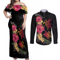 Hawaiian Flower and Tribal Turtle Couples Matching Off Shoulder Maxi Dress and Long Sleeve Button Shirt Colorful Style LT03 Black - Polynesian Pride