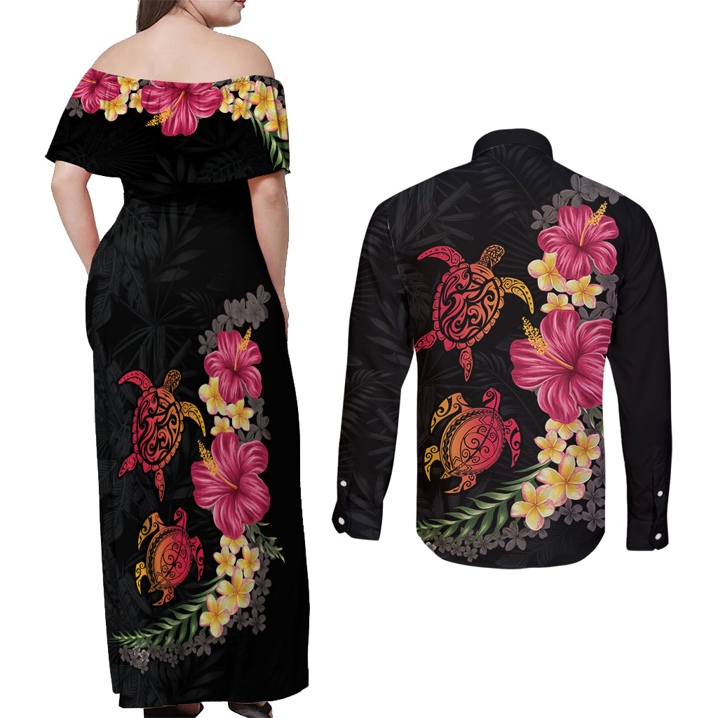 Hawaiian Flower and Tribal Turtle Couples Matching Off Shoulder Maxi Dress and Long Sleeve Button Shirt Colorful Style LT03 - Polynesian Pride