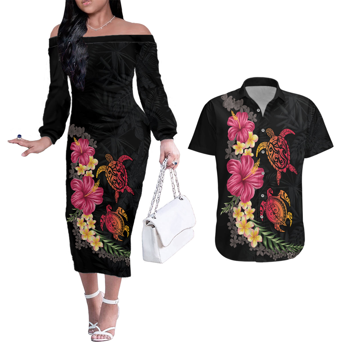 Hawaiian Flower and Tribal Turtle Couples Matching Off The Shoulder Long Sleeve Dress and Hawaiian Shirt Colorful Style