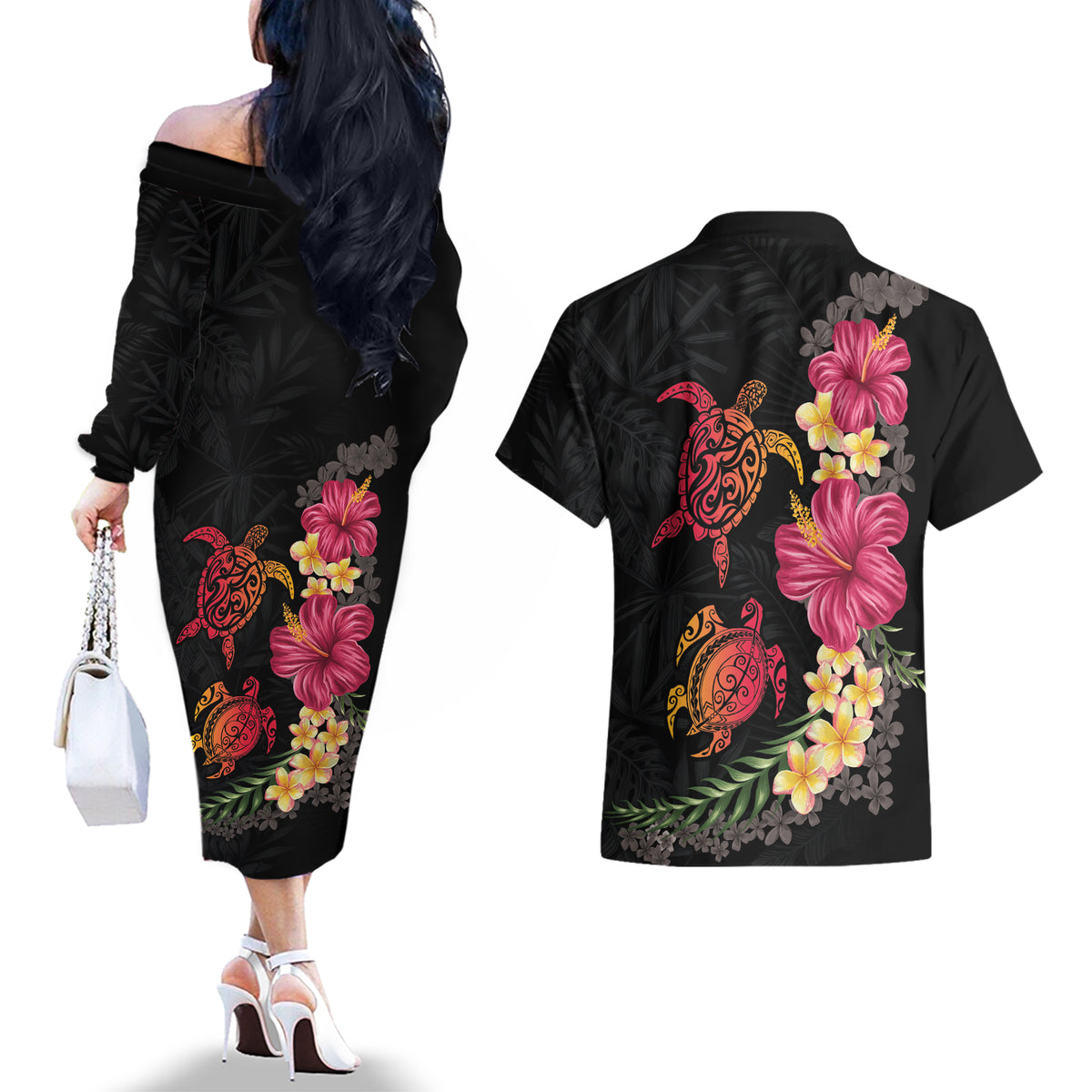 Hawaiian Flower and Tribal Turtle Couples Matching Off The Shoulder Long Sleeve Dress and Hawaiian Shirt Colorful Style