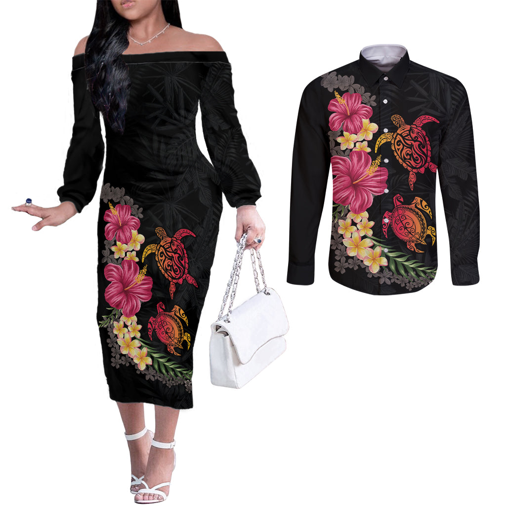 Hawaiian Flower and Tribal Turtle Couples Matching Off The Shoulder Long Sleeve Dress and Long Sleeve Button Shirt Colorful Style