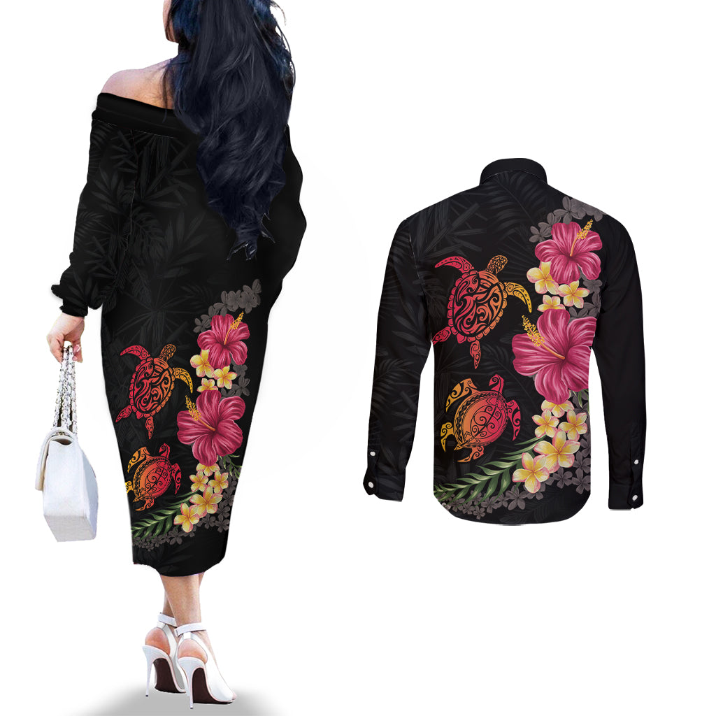 Hawaiian Flower and Tribal Turtle Couples Matching Off The Shoulder Long Sleeve Dress and Long Sleeve Button Shirt Colorful Style